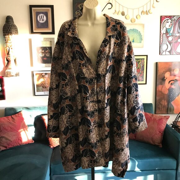 MAGGIE BARNES size 5X Beige Black & Brown Batik Leaf Print Linen Shirt Jacket - Picture 1 of 3